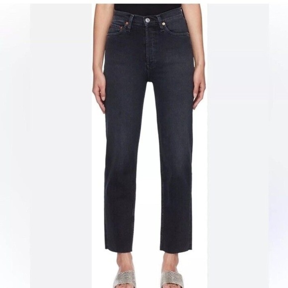 RE/DONE 70s Stove Pipe Jeans Raw Hem Washed Noir Black Buttonfly size 28 - Picture 2 of 10